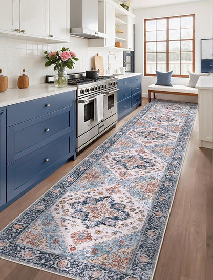 SERISSA Runner Rug for Hallways, 2'6"x14' Washable Non Slip Kitchen Runner Rug, Extra Long Boho Rug Ultra Soft Vintage Blue Orange Floor Carpet for Bedroom Hallway Entryway Bathroom Laundry Room