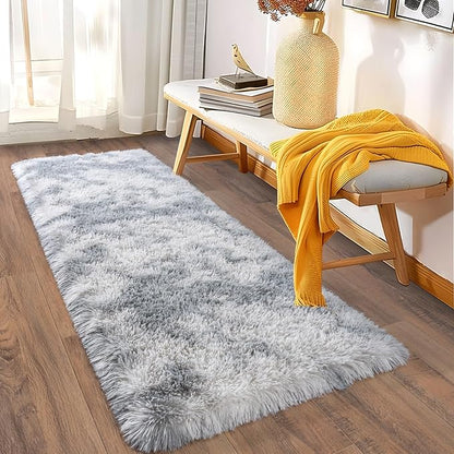 Ultra Soft Runner Rugs for Bedroom Hallways with Upgraded Non-Slip Rubber Backing & Thick Memory Sponge, 2 Packs 2x6 Feet Fluffy Shag Throw Area Rug for Bedside Dorm Tie-dye Light Grey