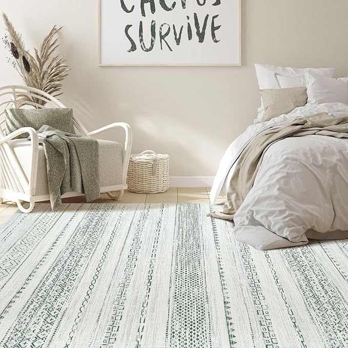 Nakagishi Green Rug Living Room Rugs: 9x12 Washable Boho Large Neutral Soft Farmhouse Stain Resistant Modern Non Slip Indoor Floor Carpet for Bedroom Nursery Kids Playroom Office Dining Room Home