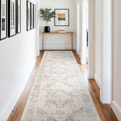 4x12 Washable Hallway Runner Rug - Wide Kitchen Runners Vintage Low Pile Carpet Soft Thin Floor Runner with Rubber Backing for Entryway Bedroom Living Room Home Decor (Cream/Camel)