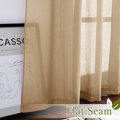NICETOWN Sheer Linen Curtains Flax Texture 96 inch Long for Sliding Door, Grommet Semi Sheer Window Drapes Privacy with Light Filtering for Bedroom/Living Room, Camel, W70 x L96, 2 Panels