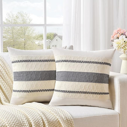 Fancy Homi Set of 1 Neutral Grey Farmhouse Decorative Throw Pillow Covers 16x16 Inch for Couch Bed Chair Indoors, Vintage Country Rustic Retro Room Decor, Soft Thick Cotton Handmade Woven Cushion Case