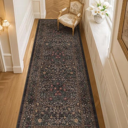 Dark Brown 2'6" x 8' Runner Rug for Hallways Non Slip, 8ft Extra Long Floor Runner for Kitchen, Entryway Indoor, Washable Rubber Backing Stain Resistant - Vintage Dark Botanical Floral Décor