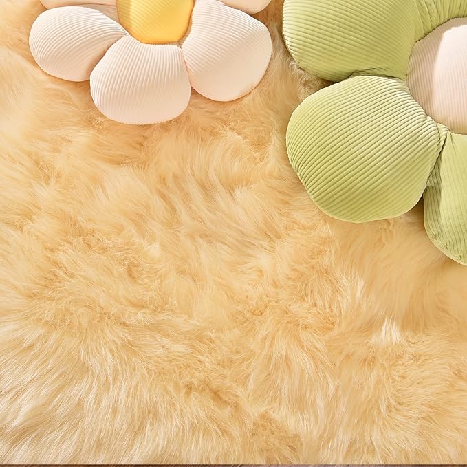 Latepis 3x4 Rugs Yellow Fur Rug Washable Faux Sheepskin Rug Shag Fluffy Rugs for Bedroom Cute Room Décor, Rectangle