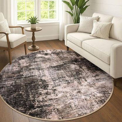 IOHOUZE Abstract Round Area Rug 6 Ft Washable Circle Rugs Large Round Rug Non Slip Thin Soft Circle Rugs, Printed Faux Wool Floor Carpet for Bedroom Living Room Dining Room Nursery, Brown/Rust