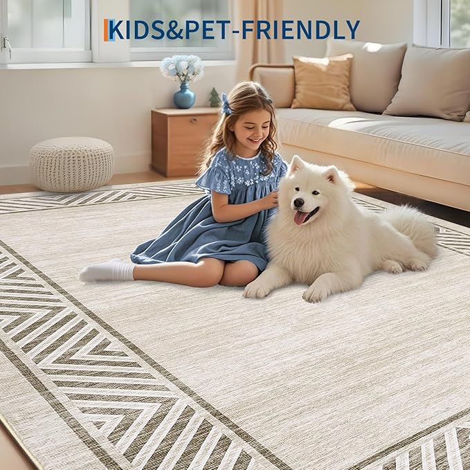 GarveeHome Washable Hallway Rug 2x6 Narrow Modern Bordered Floor Runner, Non-Shedding Contemporary Bedside Rug, Foldable Ultra-Thin Carpet Runner for Bedroom, Kitchen, Laundry Room, Beige