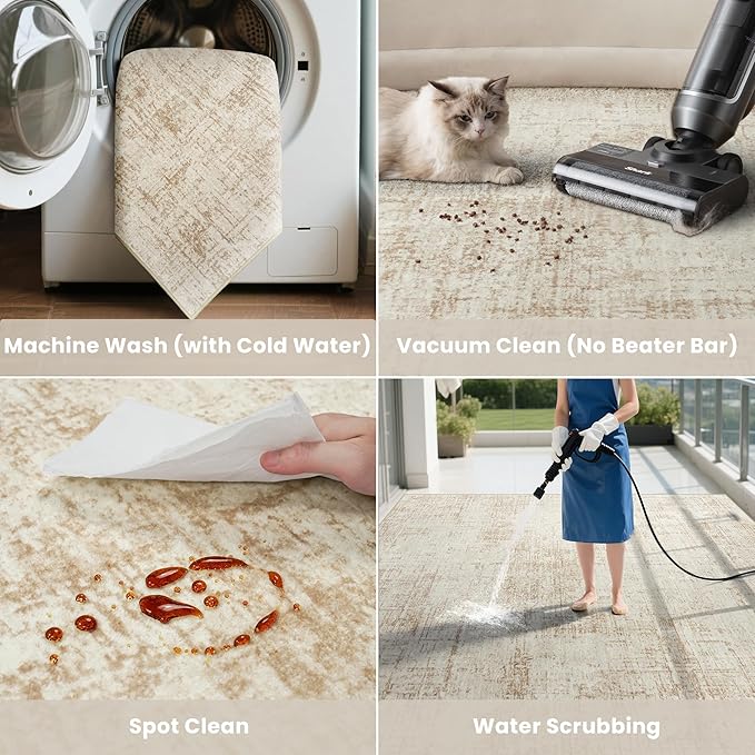 10x14 Area Rugs for Living Room Washable Rug: Anti-Skid Abstract Modern Living Room Rug Soft Thin Carpets Indoor Floor Non-Shedding Carpet for Bedroom Dining Farmhouse Nursery Home Office Beige White