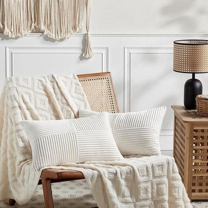 Fancy Homi 2 Packs Cream White Lumbar Decorative Throw Pillow Covers 12x20 Inch for Couch Bed Sofa, Rustic Farmhouse Boho Home Decor, Soft Striped Corduroy Rectangle Accent Cushion Case 30x50 cm