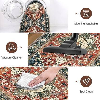 Yamaziot Washable Runner Rug, 3x8 Non-Slip Boho Vintage Hallway Rug with Rubber Backing, Low Pile Faux Wool Distressed Carpet Runner for Bedroom, Kitchen, Laundry, Entrance
