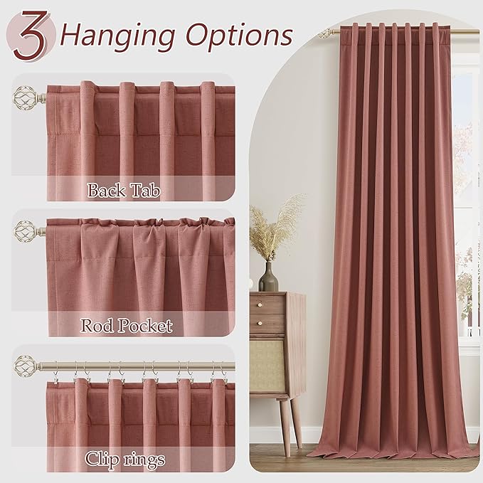 Guken 100% Blackout Curtains 63 Inch Length 2 Panels Set for Girls Bedroom Back Tab Thermal Insulated Black Out Linen Drapes Room Darkening Window Curtains 63 Inches Long,Dusty Rose