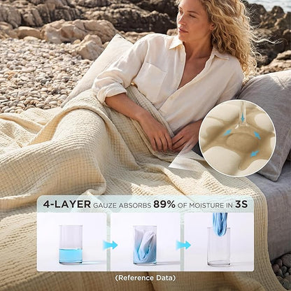 Bedsure 100% Cotton Muslin Blanket Queen Size for Bed - 4-Layer Breathable and Lightweight Thin Soft Summer Gauze Muslin Blankets for Adults, Linen Beige, 90x90 Inches