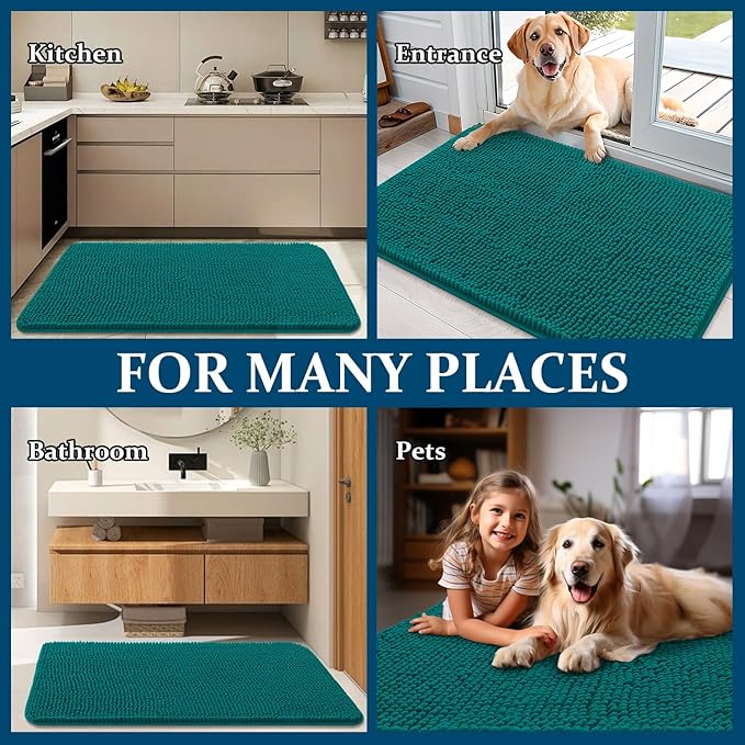 OLANLY Dog Door Mat for Muddy Paws 59x20, Absorbs Moisture and Dirt, Absorbent Non-Slip Washable Doormat, Quick Dry Chenille Mud Mat for Dogs, Entry Indoor Entryway Carpet for Inside Floor, Lake Blue