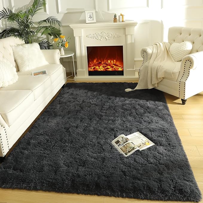 LOCHAS Ultra Soft Indoor Modern Area Rugs Fluffy Living Room Carpets for Children Bedroom Home Decor Nursery Rug 5.3x7.5 Feet, Dark Grey
