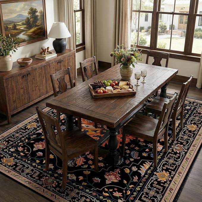 RELEANY Area Rugs 9'x12' Washable Non-Slip, Floral Vintage Distress Print Pattern Medallion Carpet for Living Room Bedroom Dining Room, Black Colorful Floral Dark Tan