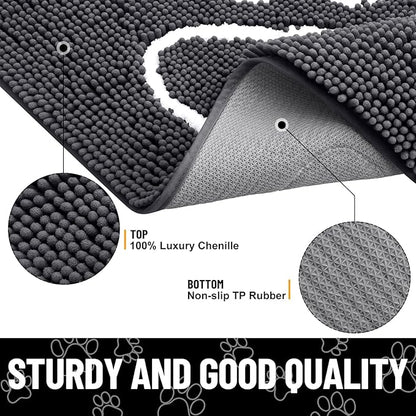 Smiry Dog Door Mat for Muddy Paws, Absorbent Dirt Trapper Non Slip Quick Dry Washable Chenille Mat for Mud Dogs, Entry Rug for Indoor and Outdoor (59x35 Inches, Dark Grey and White)