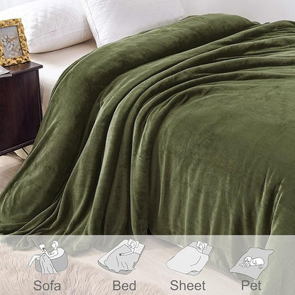 Exclusivo Mezcla Fleece Blanket King Size for Bed, Super Soft and Warm, All Season, Cozy, Plush, Lightweight, 90x104 Inches, Olive Green
