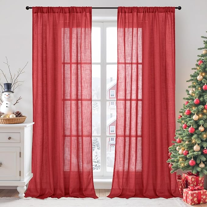 BGment Red Linen Semi Sheer Curtains for Living Room - Light Filtering Window Drapes with Rod Pocket for Dining Bedroom Lightweight, 2 Panels Set, 52 X 80 Inch