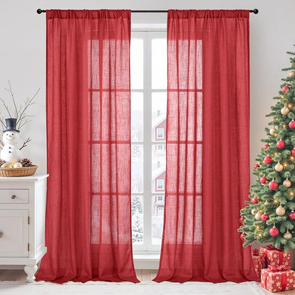 BGment Long Linen Semi Sheer Curtains 102 Inch Length for Living Room, Red Lightweight Window Drapes for Bedroom with Rod Pocket Light Filtering Rustic Textured, 2 Panels Set, Each 52 Inch Wide