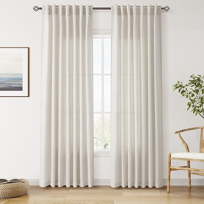 Nanspring Pearl White Linen Curtains 84 Inches Long for Living Room Light Filtering Semi Sheer Curtain Back Tab and Rod Pocket Coastal Decor Elegant Neutral Luxury Drapes for Bedroom 52x84, 2 Panels