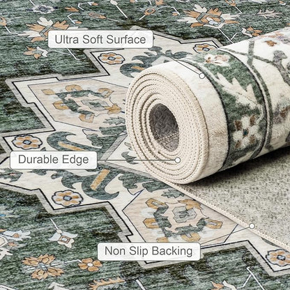 Area Rugs 9x12 Living Room Rug: Washable Rug Soft Vintage Boho Medallion Carpet Indoor Non-Slip Stain Resistant Large Carpets for Bedroom Dining Room Farmhouse Nursery Home Office Green Ivory