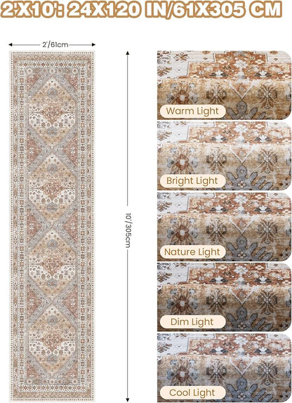 Runner Rug 2x10, Ultra-Thin Kitchen Rugs Non Slip Washable Rugs for Entryway Rug, Kitchen Runner Low Pile Vintage Soft Carpets for Living Room, Bathroom Bedroom (Orange,2'x10')
