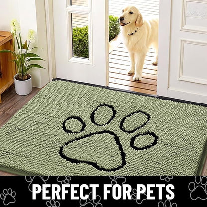 Smiry Dog Door Mat for Muddy Paws, Absorbent Dirt Trapper Non Slip Quick Dry Washable Chenille Mat for Mud Dogs, Entry Rug for Indoor and Outdoor (36x24 Inches, Sage Green and Black)