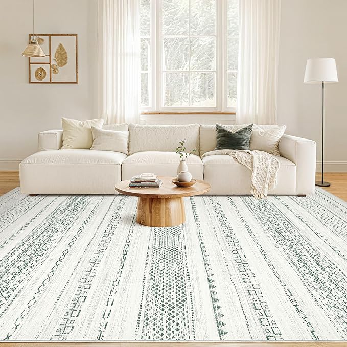 Nakagishi Green Rug Living Room 6x9: Washable Boho Large Neutral Farmhouse Soft Area Rugs Modern Stain Resistant Moroccan Indoor Non-Slip Floor Carpet for Bedroom Nursery Playroom Office Dining Room