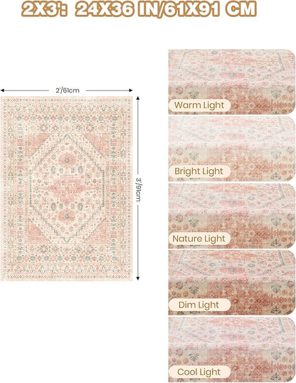 Entryway Rug - 2x3 Washable Rug Runner for Bathroom, Laundry Room, Kitchen, Soft Vintage Hallway Runner for Bedroom, Non-Slip Door Mat Indoor Entrance(Pink,2'x3')
