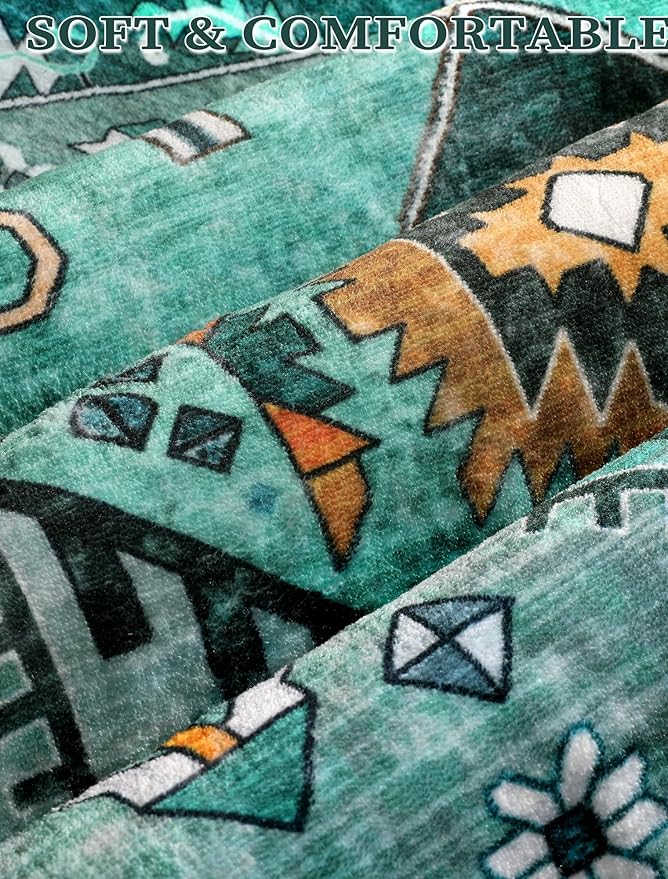 SERISSA Runner Rug for Hallways, 2'6"x12' Washable Non Slip Kitchen Runner Rug, Extra Long Boho Rug Ultra Soft Vintage Teal Print Floor Carpet for Bedroom Hallway Entryway Bathroom Laundry Room