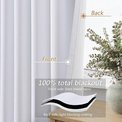 Guken White 100% Blackout Linen Curtains 52 Inch Wide by 142 Inch for Living Room Bedroom Back Tab/Rod Pocket Thermal Insulated Black Out Linen 2 Drapes Room Darkening Window Curtains