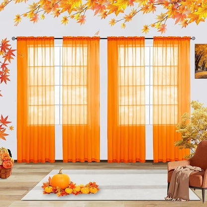 youleyar Solid Sheer Rod Pocket Curtain Voile Draperies 4 Panels White Beige Black Grey Ivory 52 Inch Width 45 Inch Long 1 Pair for Kitchen Bedroom Children Living Room Yard(Orange,52 Wｘ45 L)