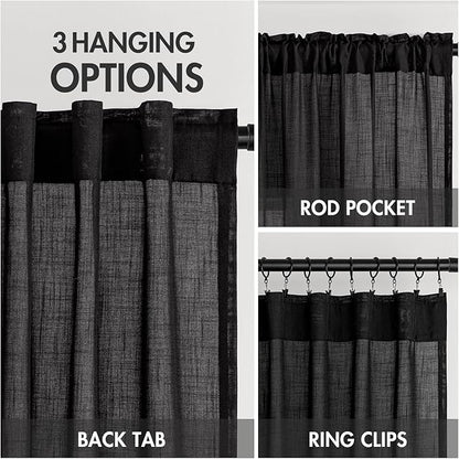 MIULEE Black Linen Curtains 84 Inch Length 2 Panels for Bedroom Living Room, Soft Thick Linen Textured Back Tab Window Drapes Semi Sheer Light Filtering Rod Pocket Modern Farmhouse Halloween Decor