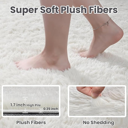 2x6 Bedside Area Rugs for Bedroom: Soft Fluffy Shag White Rug for Hallway, Non-Slip Fuzzy Plush Living Room Rug Indoor Floor Carpet for Kids Rooms, Dorm, Nursery, Modern Home Aesthetic Decor