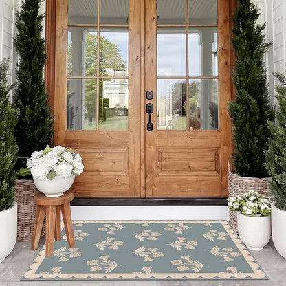 Floral Outdoor Rug - 28" x 43" Front Door Mat Indoor Outside Entrance Non-Slip Washable Outdoor Mat Blue Farmhouse Scalloped Rug for Entryway Kitchen Bedroom Layered Doormat for Front Porch
