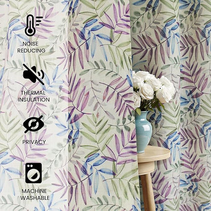 Yakamok Farmhouse Linen Curtains for Living Room 84 Inches Long,Texture Curtains Blue and Purple Grommet Leaves Plant Pattern Bedroom Curtain 2 Panels