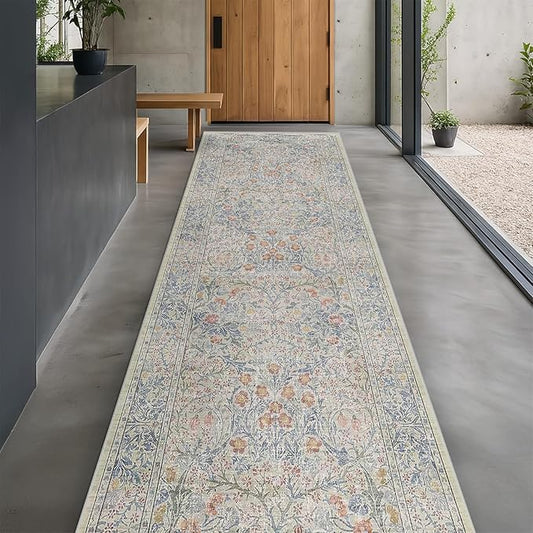 Vintage Beige Blue 3x12 Runner Rug for Hallway, Kitchen, Bathroom, Entryway Indoor, Washable Non Slip Rubber Backing Stain Resistant - Botanical Home Decor