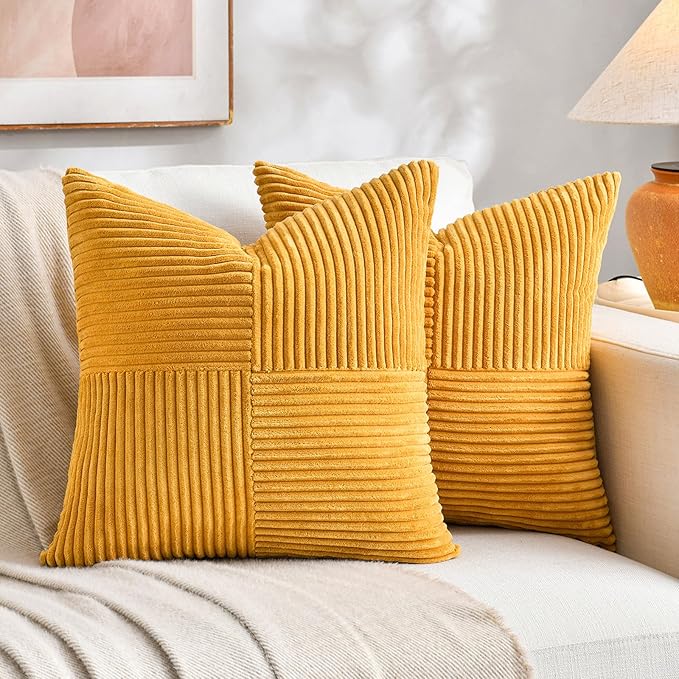 Fancy Homi 2 Packs Gold Yellow Euro Decorative Throw Pillow Covers 28x28 Inch for Bedroom Bed, Farmhouse Boho Home Decor, Soft Corss Corduroy Patchwork Textured Square Cushion Case 71x71 cm