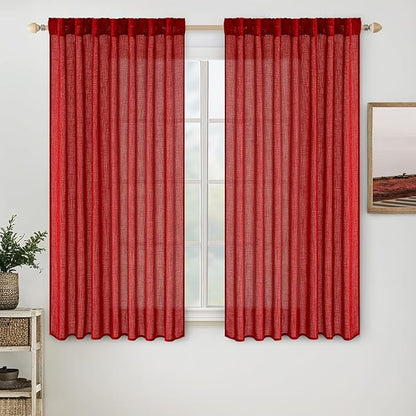 MIULEE Red Linen Short Curtains 63 Inch Length 2 Panels for Kitchen Bedroom, Christmas Soft Thick Linen Textured Window Drapes Living Room Semi Sheer Light Filtering Back Tab Burlap Look Decor