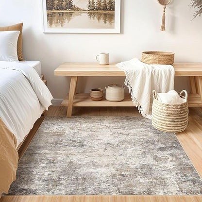 UERMEI Square Area Rugs : Washable 5x5 Neutral Modern Abstract Carpet for Living Room Bedroom - Soft Floor Mat with Non Slip Backing for Kitchen Nursery Dorms Farmhouse Home Decor - Brown Grey
