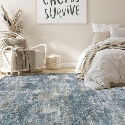 Nakagishi 7x9 Area Rugs Living Room: Washable Abstract Large Neutral Soft Rug Stain Resistant Modern Indoor Floor Non-Slip Carpet for Bedroom Nursery Kids Playroom Office Dining Room Dorm-Blue Brown