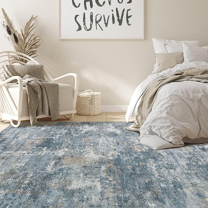 Nakagishi 5x7 Area Rugs Living Room: Washable Abstract Large Neutral Soft Rug Stain Resistant Modern Indoor Floor Non-Slip Carpet for Bedroom Nursery Kids Playroom Office Dining Room Dorm-Blue