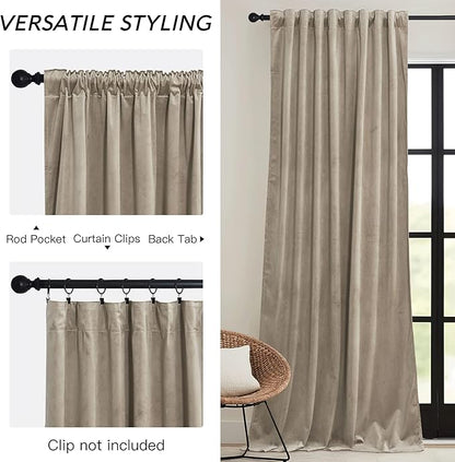 RYB HOME Camel Beige Velvet Curtains 108 inch, Room Darkening Window Curtains with Multiple Hanging Options Heavy Duty Plush Backdrop for Bedroom Guest Room, W52 x L108 inch, 2 Panels