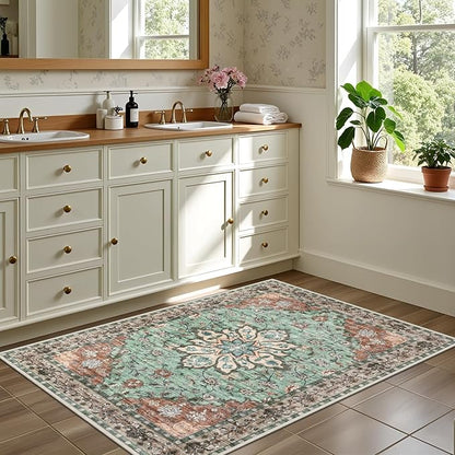 2x3 Area Rugs Living Room Rug: Washable Vintage Distressed Floral Rug No Slip Stain Resistant Soft Carpet Indoor Large Carpets for Bedroom Dining Room Farmhouse Nursery Hallway Home Office Brown Green