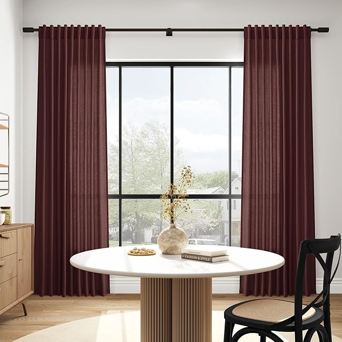 Extra Long Curtain Reddish Brown Morden Linen Blend Light Filtering Back Tab Curtains for Long Winodws 120 Inches Length, Semi Sheer Privacy Drapes for Living Room, 52x120 inch, 2 Panels