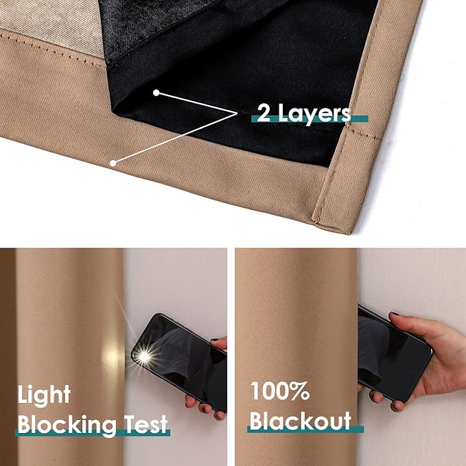 ChrisDowa 100% Blackout Curtains for Bedroom with Black Liner, 2 Thick Layers Total Blackout Thermal Insulated Grommet Window Curtains 2 Panels Set (Cappuccino, 52 x 54 Inch)