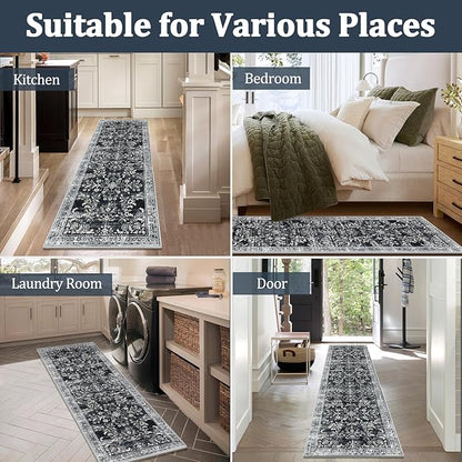 Yamaziot Washable Runner Rug 2x12 – Non Slip Boho Floral Hallway Runner Rug with Rubber Backing, Low Pile Faux Wool Distressed Carpet for Kitchen, Laundry, Bedroom, Entrance, Navy/Black
