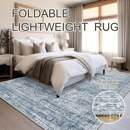 Washable Area Rug 8x10, Large Soft Rugs for Living Room Vintage Blue 8x10 Area Rugs for Bedroom Dining Room Non-Slip Stain Resistant Under Table Rug