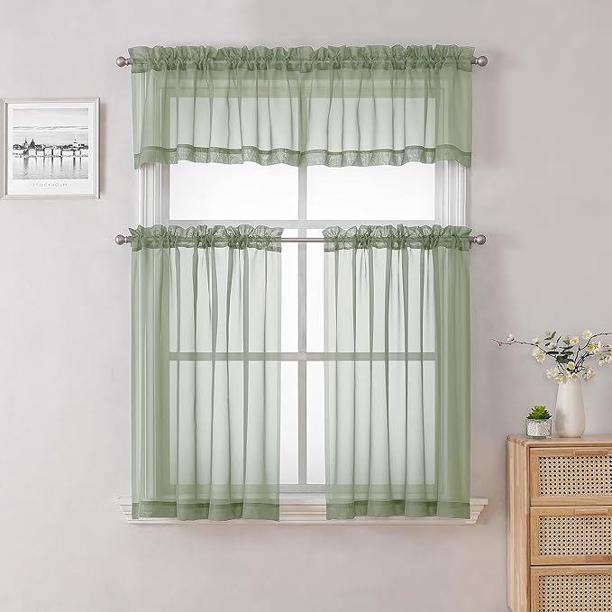 Lecloud Sage Green Sheer Curtains 18 Inch Length 2 Pcs, Cafe Kitchen Curtains for Bedroom Living Room, Short Curtain for Small Windows with Dual Rod Pocket Home Decor Window Treatments, 42" W x 18" L