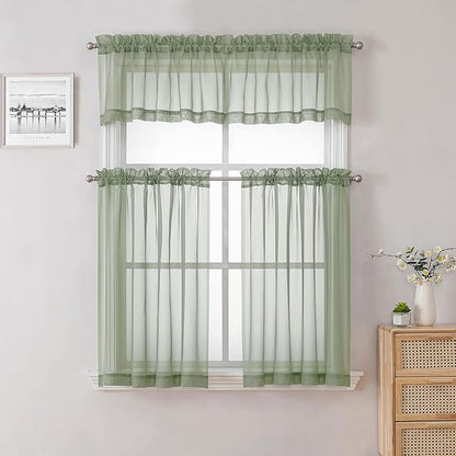Lecloud Sage Green Sheer Curtains 18 Inch Length 2 Pcs, Cafe Kitchen Curtains for Bedroom Living Room, Short Curtain for Small Windows with Dual Rod Pocket Home Decor Window Treatments, 42" W x 18" L