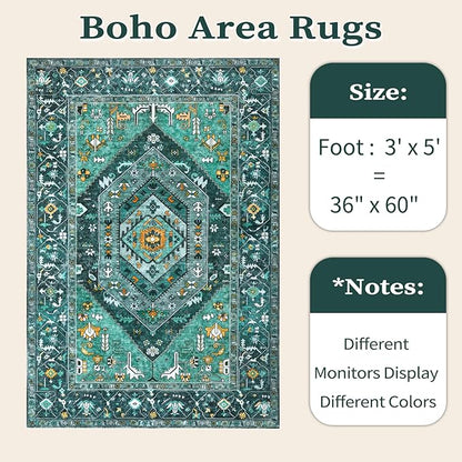 SERISSA Area Rug 3x5 Boho Teal Rugs for Bedroom, Washable Kitchen Rugs Non-Slip, Ultra Soft Print Distressed Tribal Entry Rug Low-Pile Throw Rug Carpet for Bedroom Nursery Living Room Dorm Decor